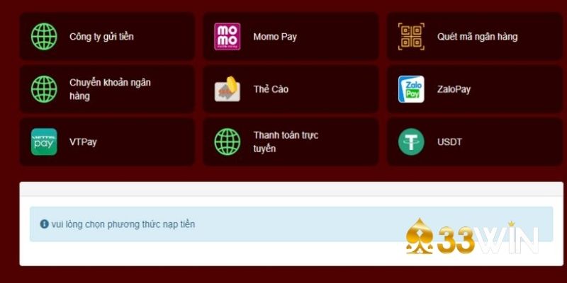 Các phương thức nạp tiền ưa chuộng tại 33win